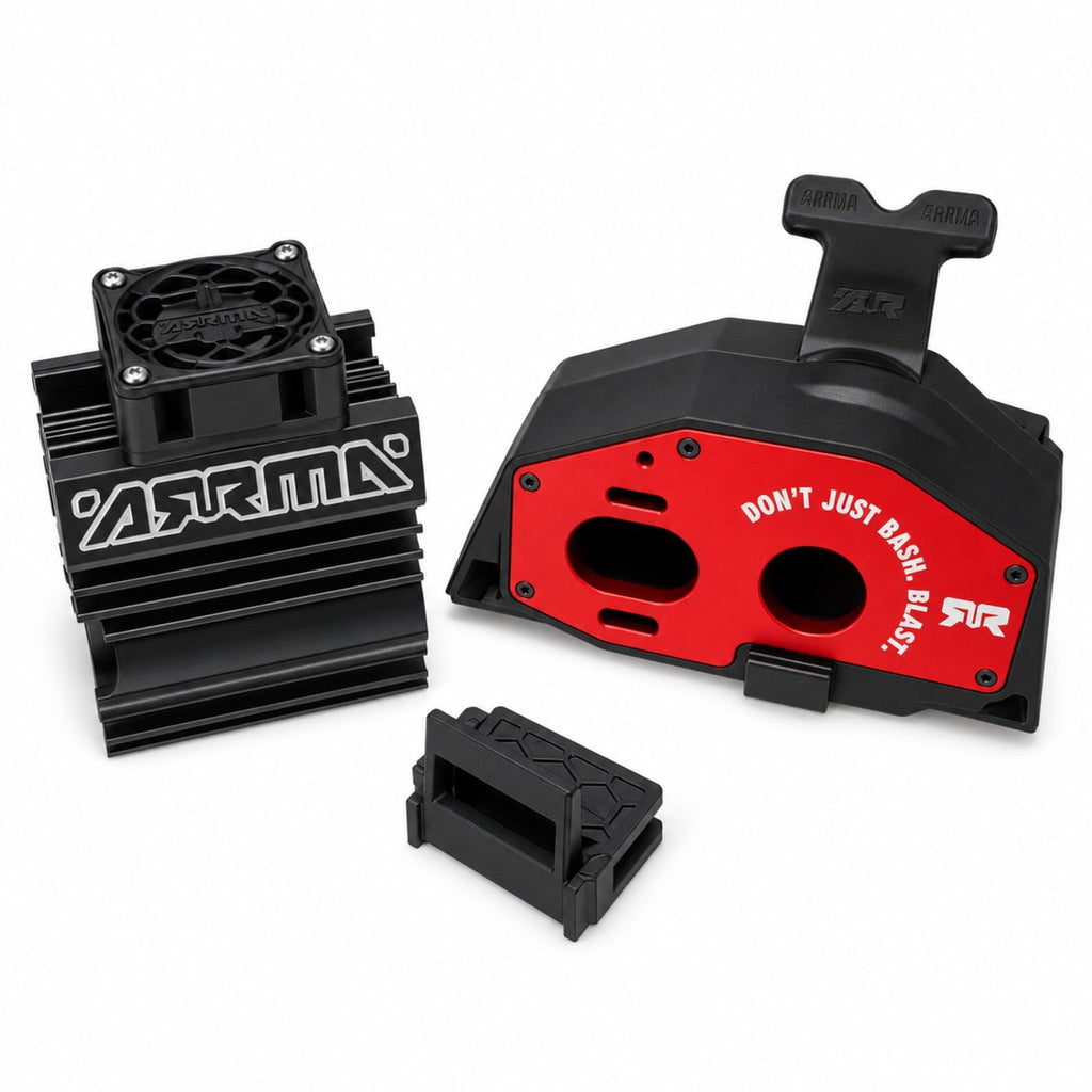 ARRMA 4S motor mount, heatsink, cooling fan and gear cover set view 1