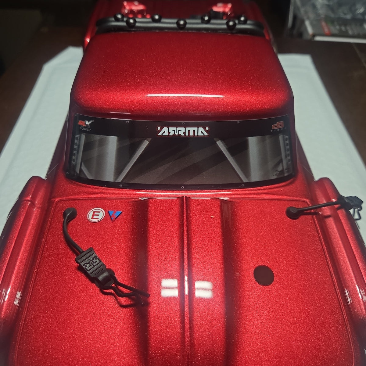 ARRMA Outcast 4S red body shell new takeoff hood and windshield view