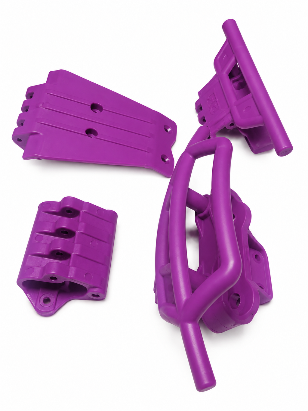 ARRMA Quake 223S purple bumper and skid plate set angled view