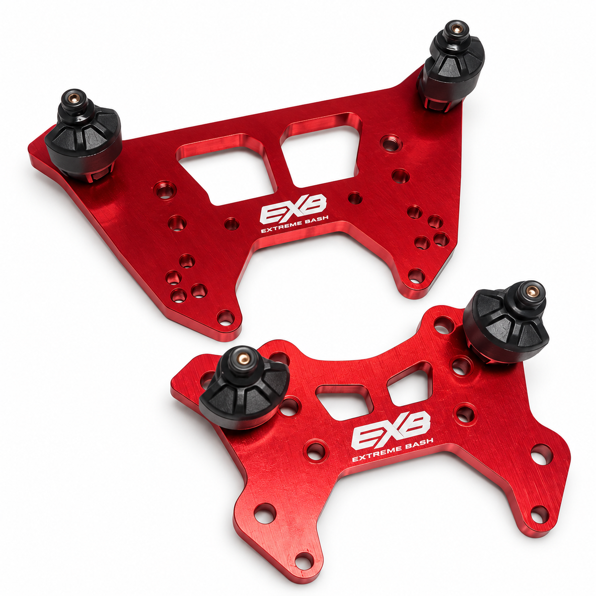 ARRMA Talion 6S EXB red aluminum shock towers with four standoffs angled view