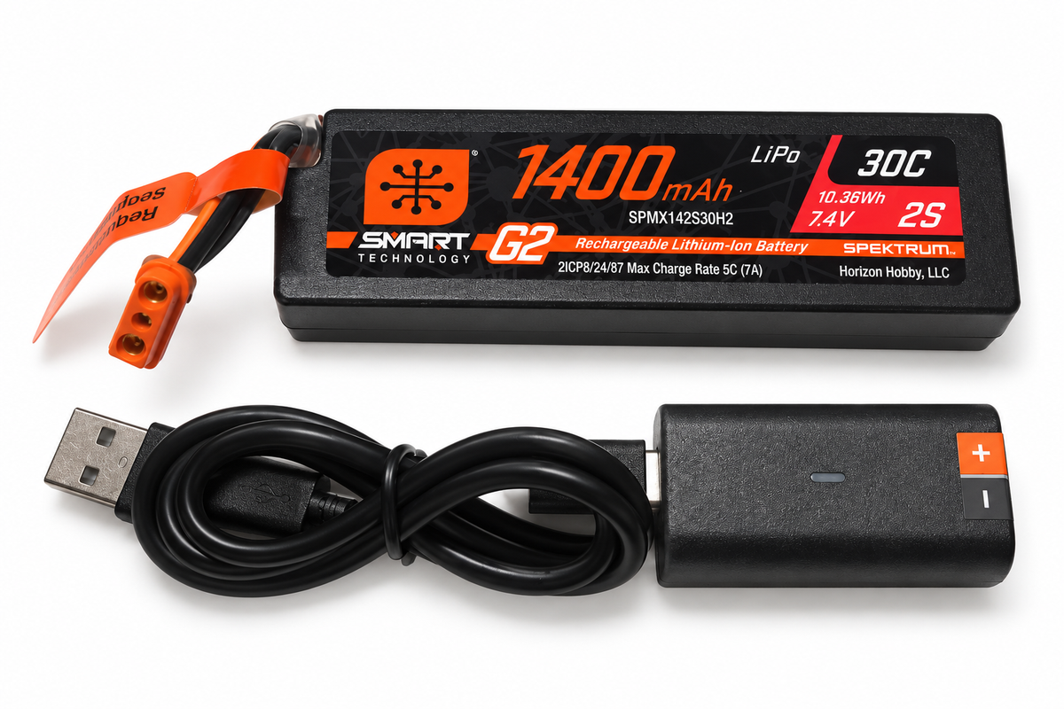 Losi NASCAR 1/12 Spektrum 1400mAh 2S LiPo Battery & S10 USB Charger - New Take-Off