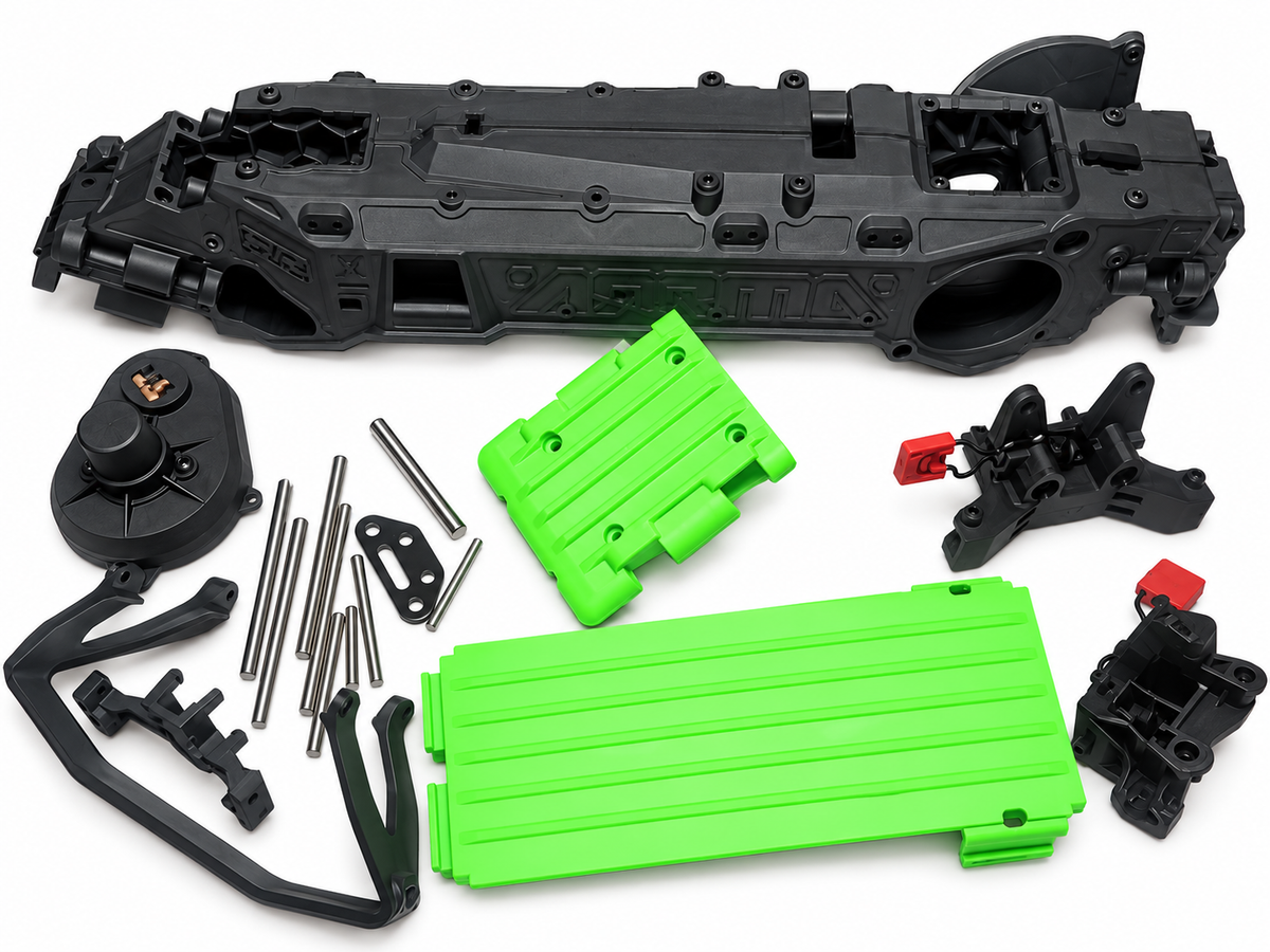 Quake 223S green chassis and hardware bundle horizontal view