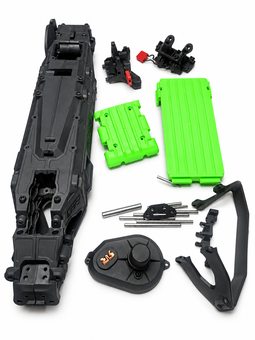 Quake 223S green chassis and hardware bundle vertical view