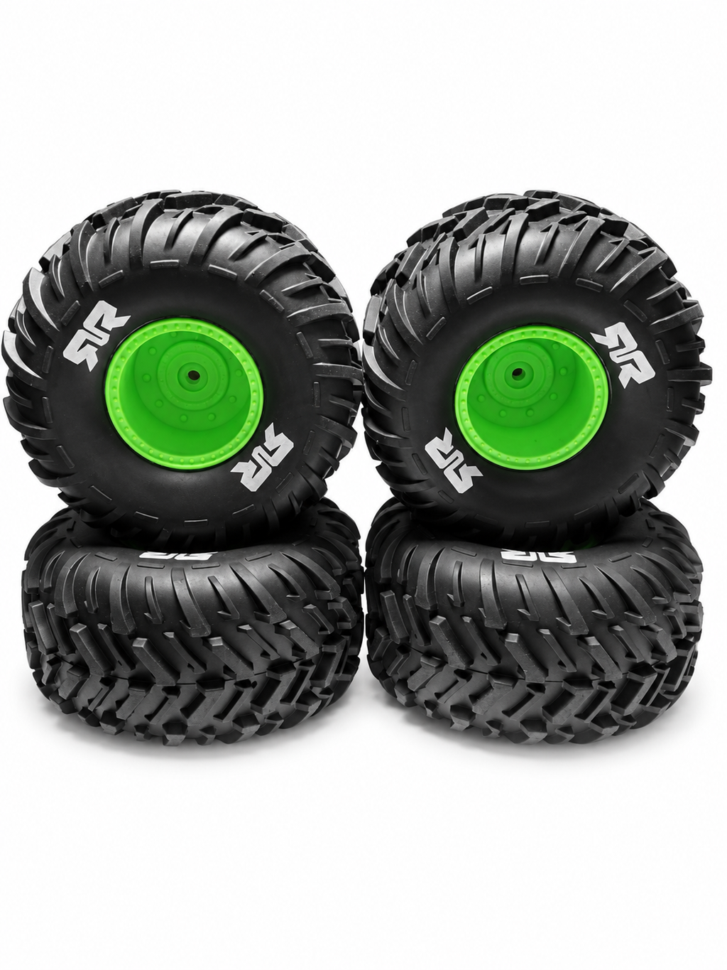 Quake 223S green wheels and tires set of four stacked