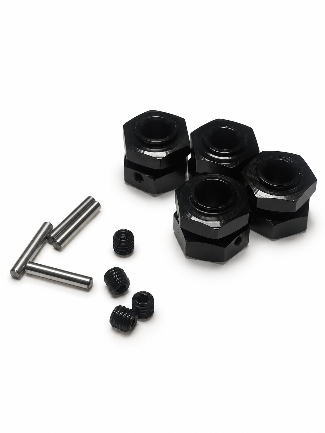 Representative photo of black wheel hex hubs with four pins and four set screws
