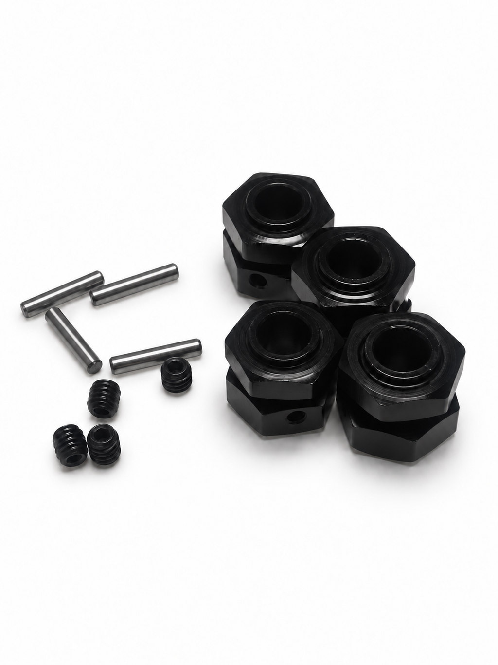 Representative photo of black wheel hex hubs with four pins and four set screws