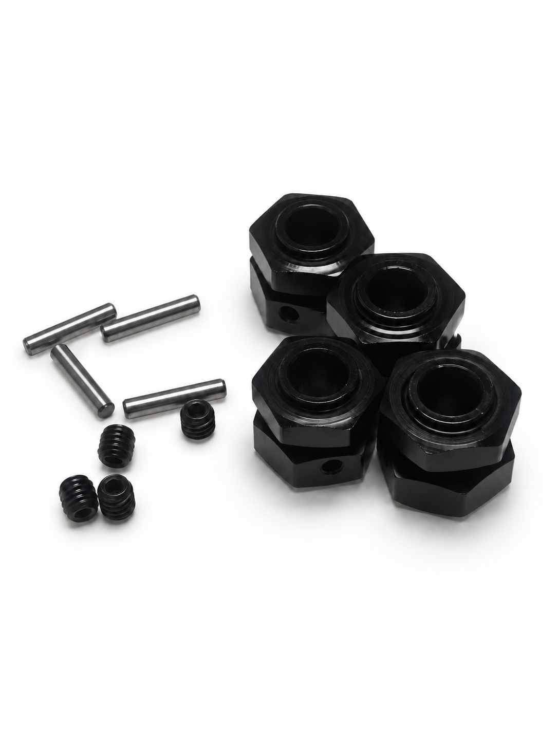 Representative photo of black wheel hex hubs with four pins and four set screws