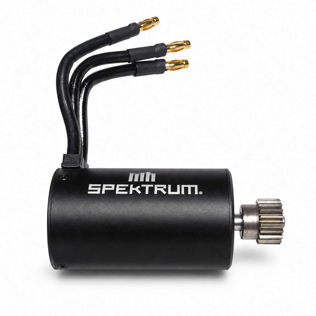 Spektrum Firma 3100Kv SPMX-1081 motor with 16T 0.8 MOD pinion side view