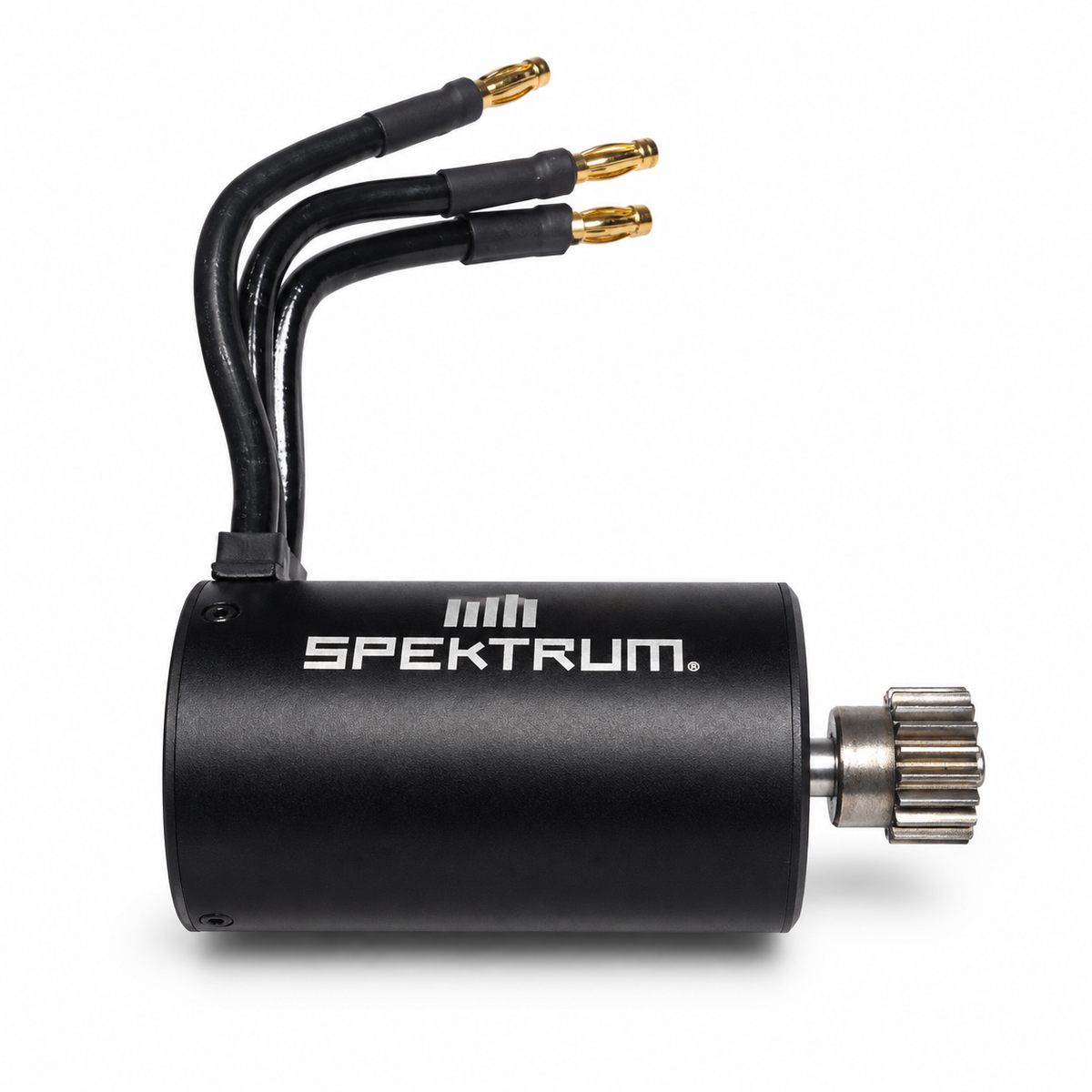Spektrum Firma 3100Kv SPMX-1081 motor with 16T 0.8 MOD pinion side view