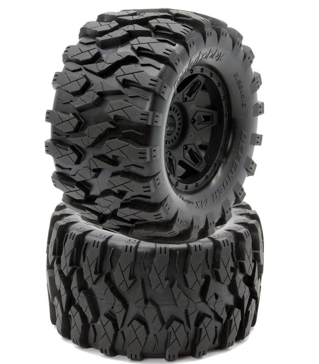 PowerHobby Defender MX belted tires mounted on black wheels, pair
